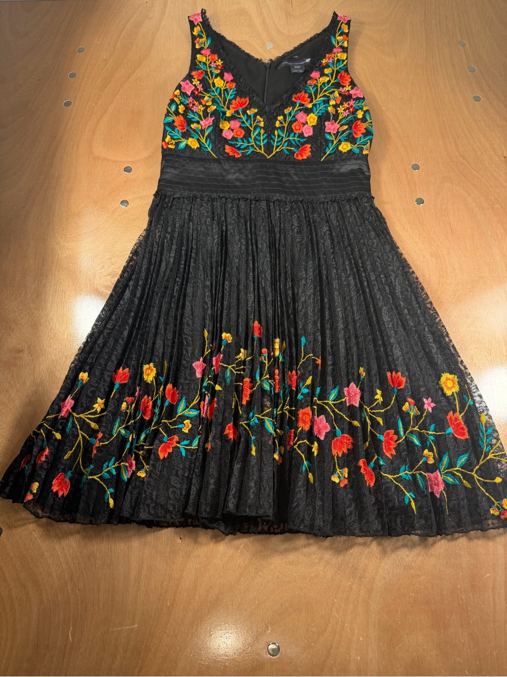 French Connection Black Dress with Multicolor Floral Embroidery